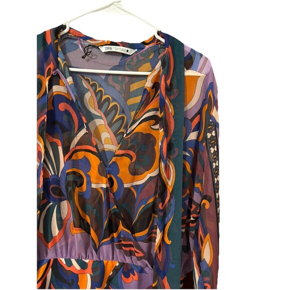 Zara Pucci Mini Dress Scarf Neck Tie Multi Color Print Florals Long Sleeve Sz M - Picture 3 of 8